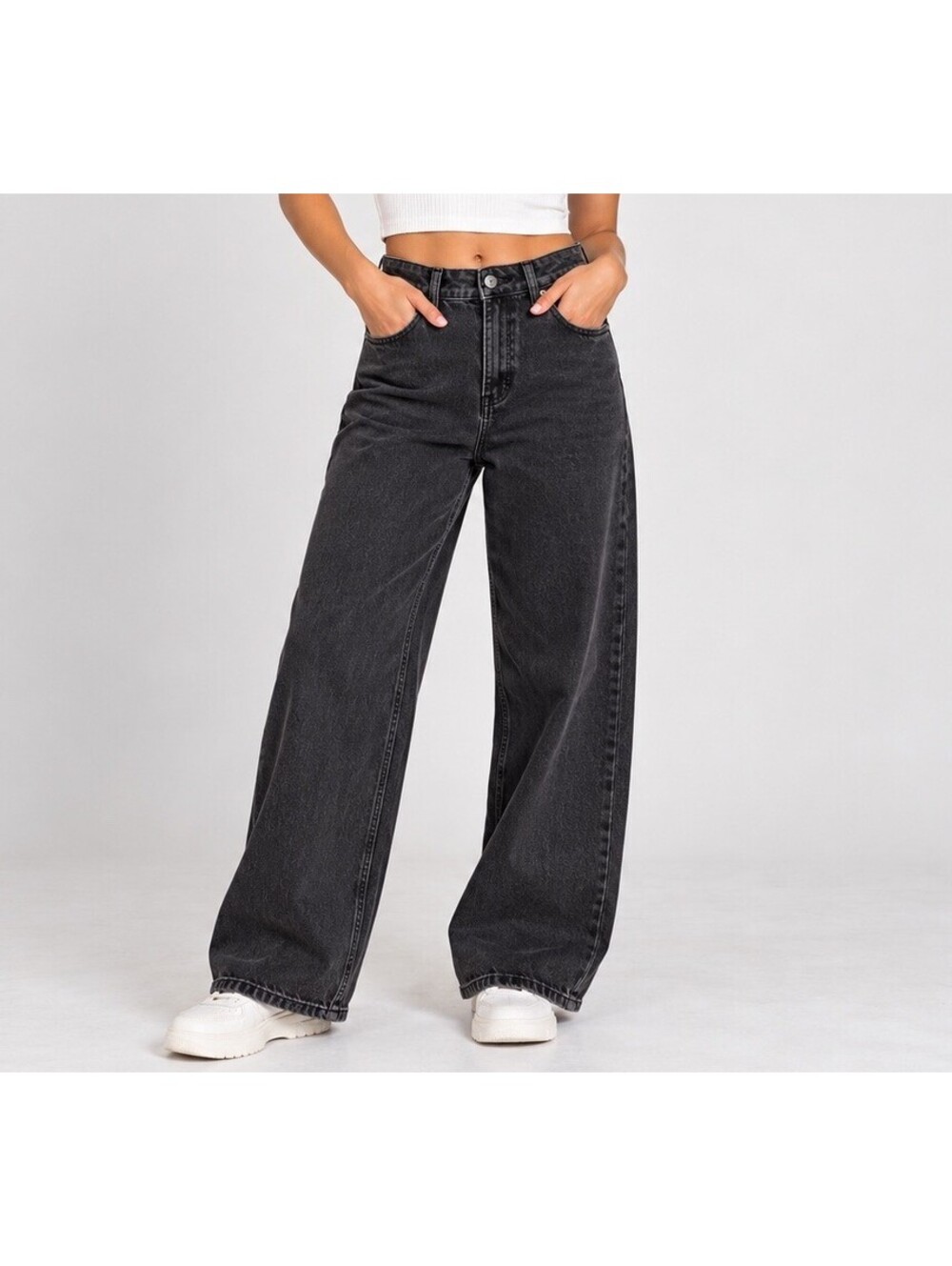 RVCA Coco Jeans 29 Washed Black High Rise Wide Leg Cropped Denim Y2K Skater